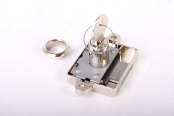 Opdekslot nikkel 25mm met cilinder voor meubelen met 2 sleutels en rozet links