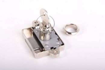 Opdekslot nikkel 25mm met cilinder voor meubelen met 2 sleutels en rozet rechts
