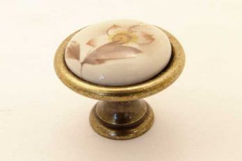 Knop wit porselein 29mm met bruine bloem en brons antiek