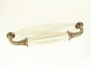 Greep antiek zilver 128mm wit ribbel porselein