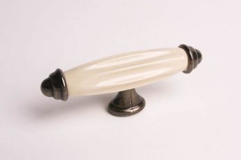 Greep T-vorm brons antiek 90mm antiek wit/geel porselein