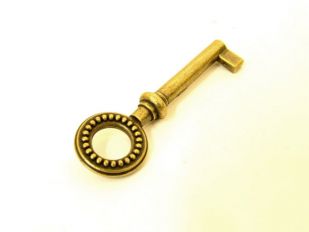 Baardsleutel brons antiek met rond oog en bolletjes gat 35mm